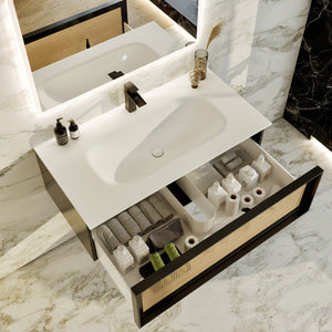 Nets 44 in. Natural Oak/Black Wall Mount Single Sink Bath Vanity with Solid Surface Top and Integrated Sink
