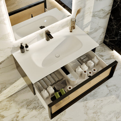Nets 44 in. Natural Oak/Black Wall Mount Single Sink Bath Vanity with Solid Surface Top and Integrated Sink