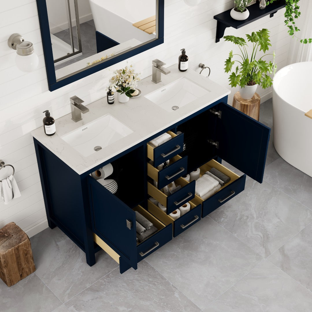 London 48 in. Blue Double Sink  Bath Vanity with Carrara Quartz Top and Undermount Porcelain Sinks