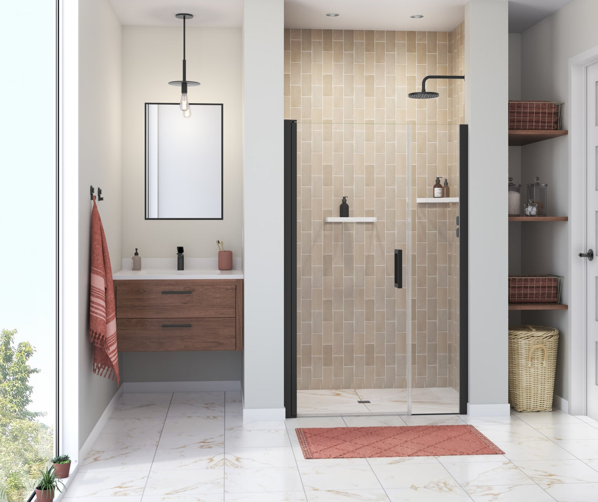MAAX 138269-900-340-101 Manhattan 41-43 x 68 in. 6 mm Pivot Shower Door for Alcove Installation with Clear glass & Square Handle in Matte Black