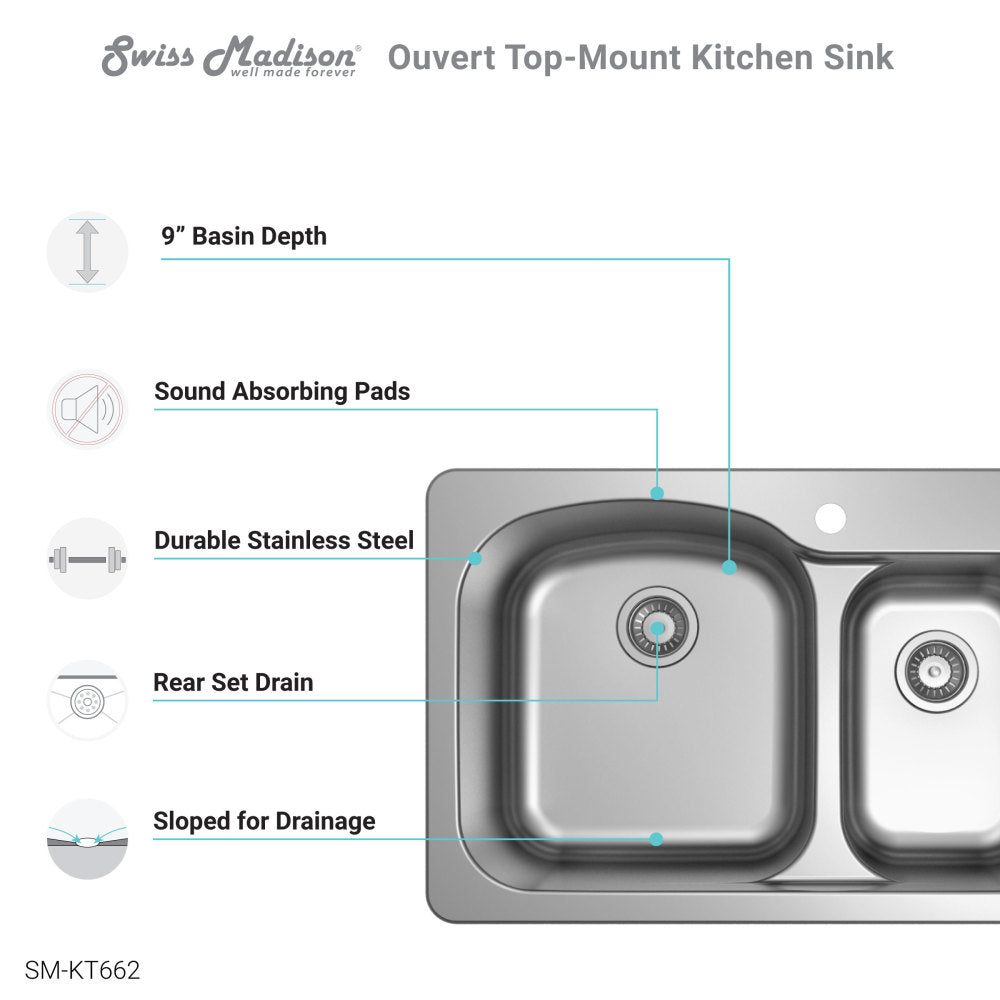 Ouvert 33 x 22 Stainless Steel, Dual Basin, Top-Mount Kitchen Sink