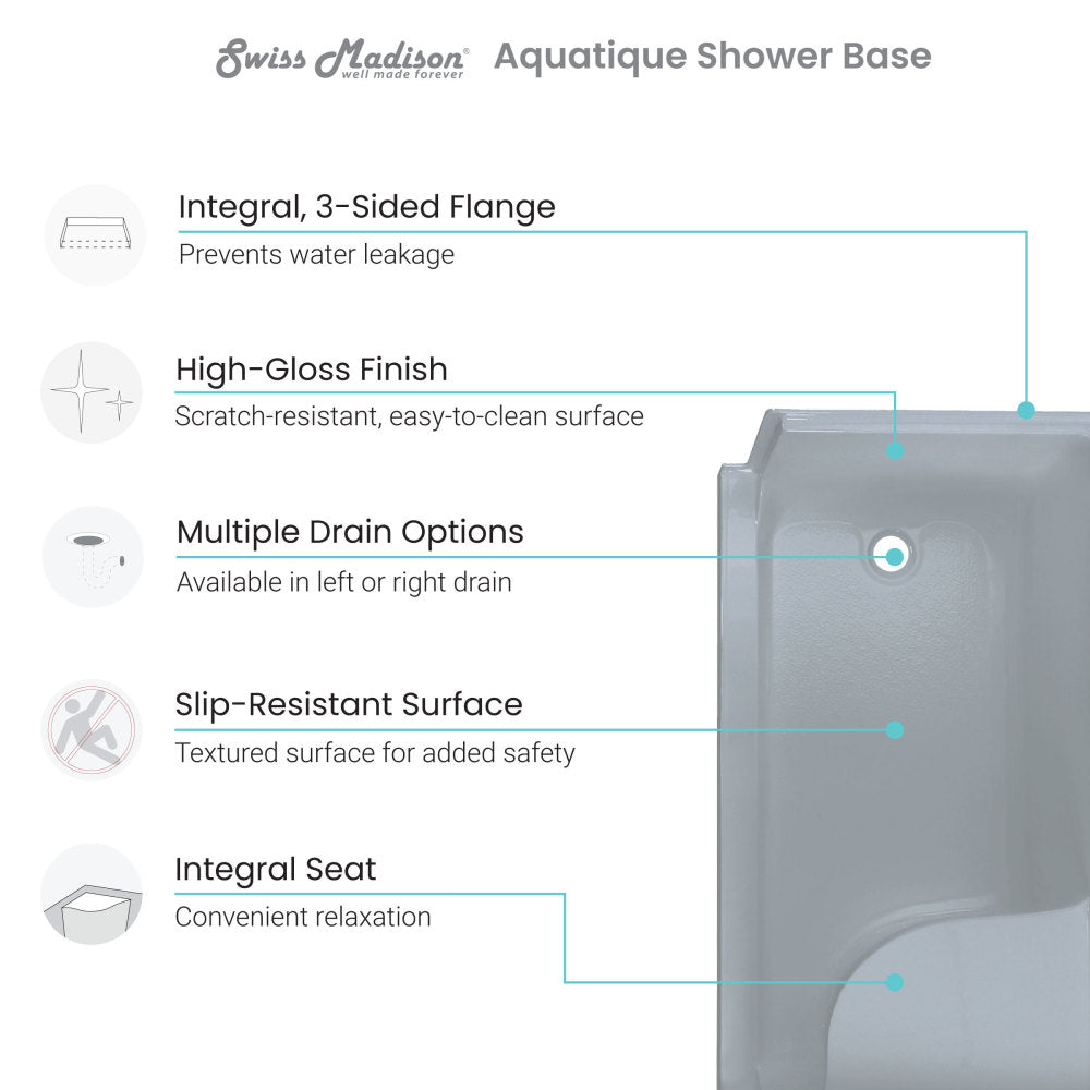 Aquatique 60 X 32 Single Threshold Shower Base With Right Hand Drain and Integral Left Hand Seat in Grey