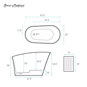 Cascade II 48" Single Slipper Japanese Soaking Freestanding Bathtub in Matte White, Stool Included