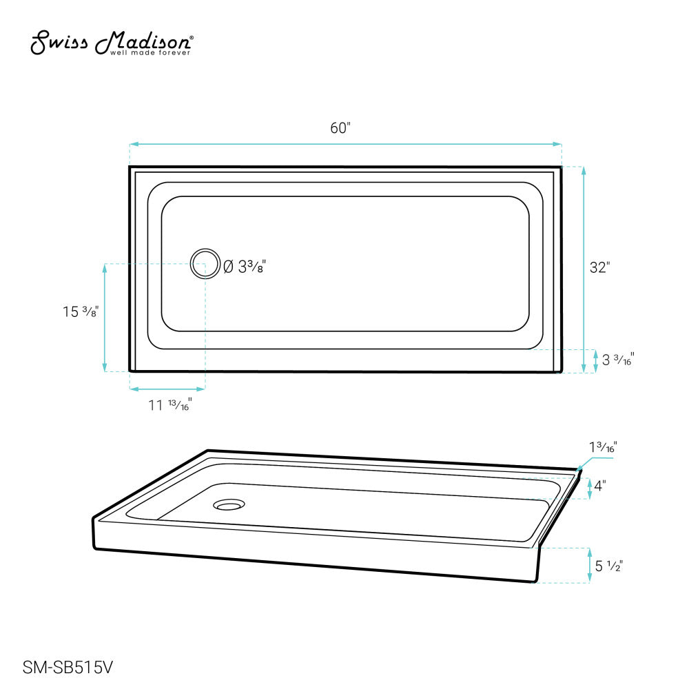 Voltaire 60 x 32 Single-Threshold, Left-Hand Drain, Shower Base in Biscuit