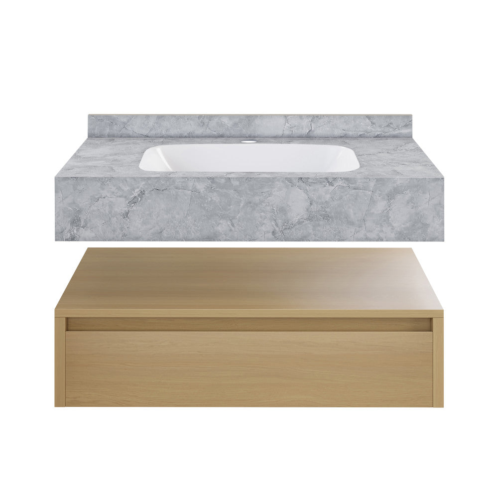 Avancer 36" Wall-Mounted Bathroom Vanity in Natural Oak with Storm Grey Sink Top