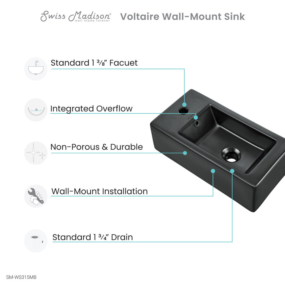 Voltaire 19.5 x 10 Rectangular Ceramic Wall Hung Sink with Left Side Faucet Mount, Matte Black