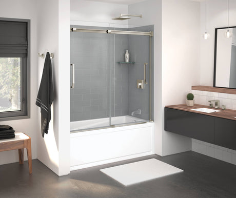 MAAX 138760-900-305-000 Inverto 56-59 x 55 ½-59 in. 8mm Bypass Tub Door for Alcove Installation with Clear glass in Brushed Nickel