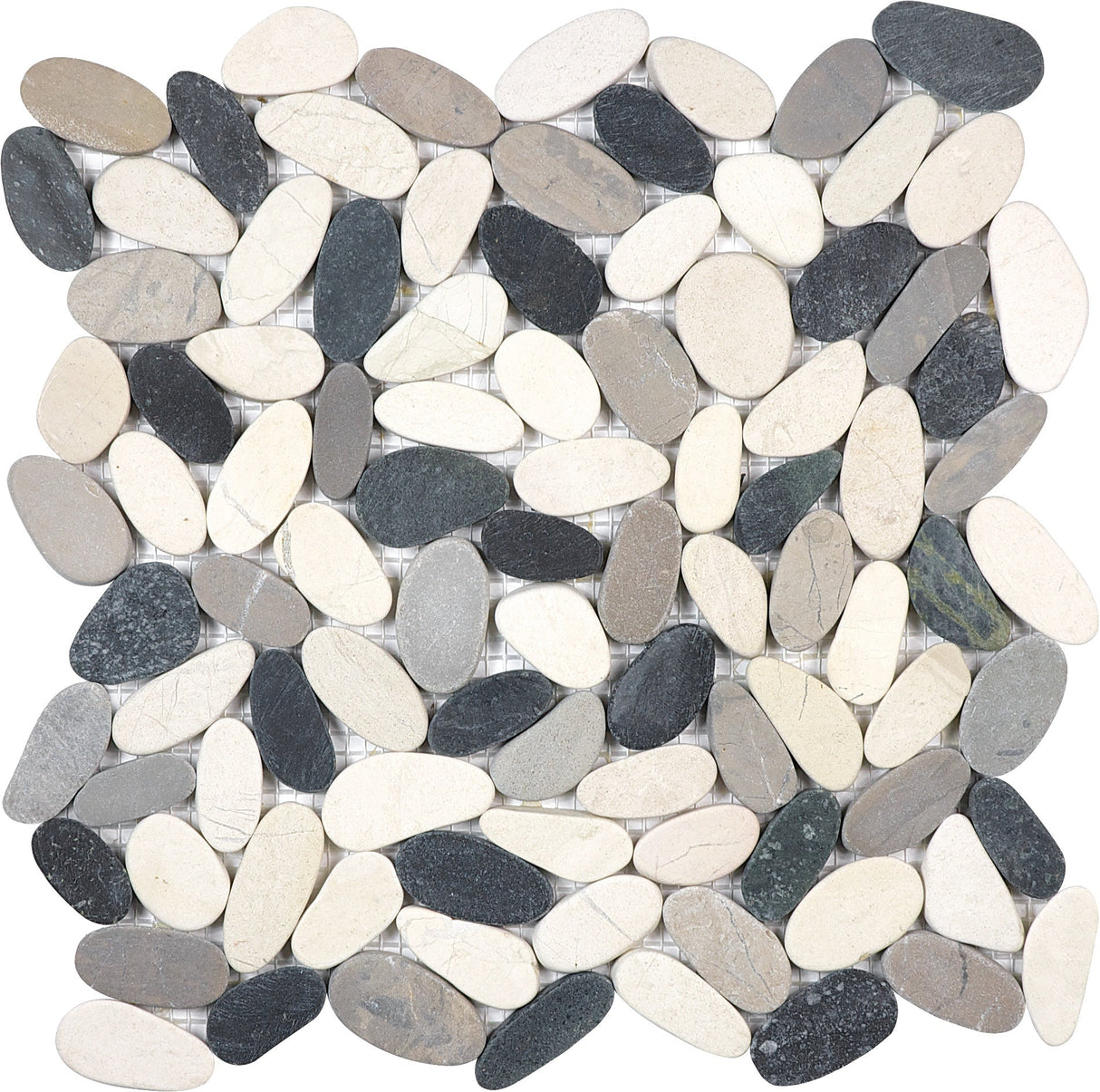Anatolia Tile Zen Tranquil Cool Blend Flat Matte Pebble Mosaics. 1 Sheet = 1 Sq. Ft. 5001-0226-0 (76-466) Tranquil Cool Blend Flat Pebble - premium natural stone mosaic tile from Anatolia Tile, available at PoshHaus showroom in Keene, NH