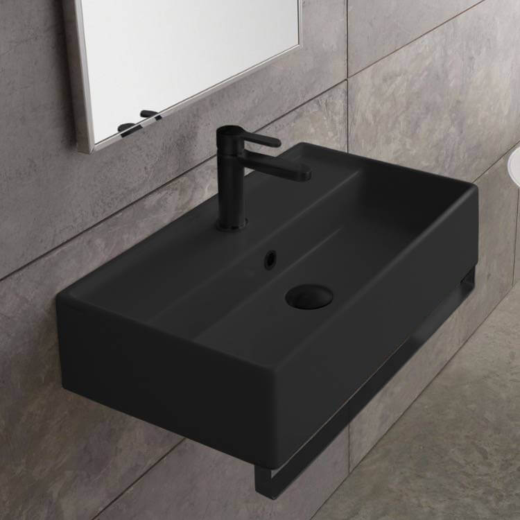 Matte Black Ceramic Wall Mounted Sink With Matte Black Towel Bar