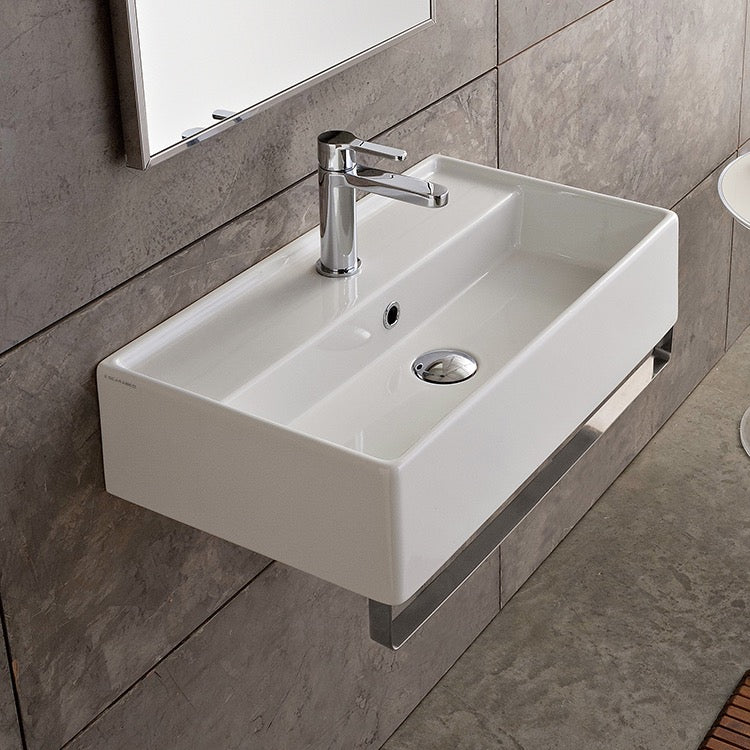 Rectangular Wall Mounted Ceramic Sink With Polished Chrome Towel Bar
