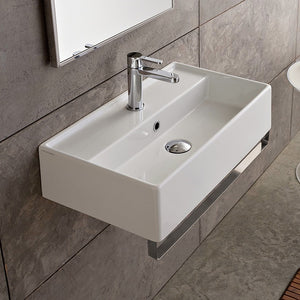 Rectangular Wall Mounted Ceramic Sink With Polished Chrome Towel Bar