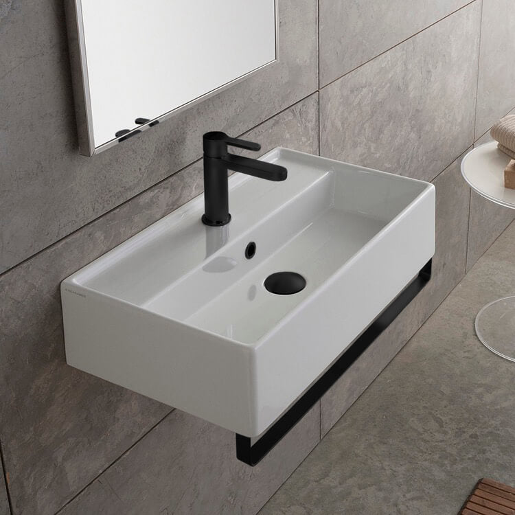 Rectangular Wall Mounted Ceramic Sink With Matte Black Towel Bar