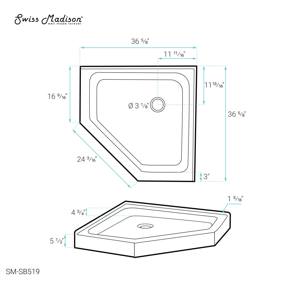 Voltaire 36 x 36 Acrylic White, Single-Threshold, Center Drain, Neo-angle Shower Base