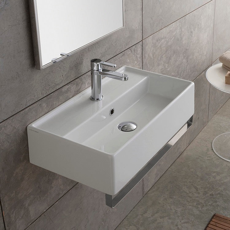 Rectangular Wall Mounted Ceramic Sink With Polished Chrome Towel Bar