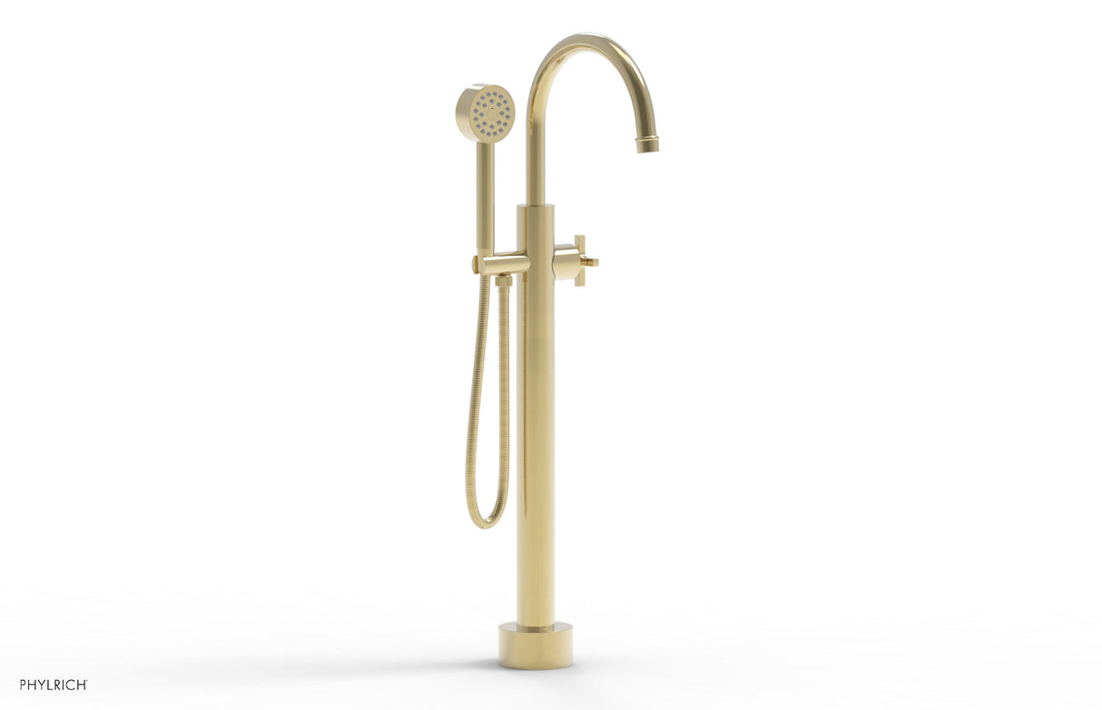Phylrich 501-46-03-03U HEX MODERN Low Floor Mount Tub Filler - Cross Handle with Hand Shower  501-46-03 - Polished Brass Uncoated
