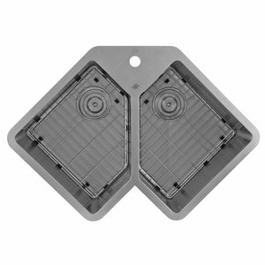 DAX Stainless Steel Handmade Corner Double Bowl Top Mount Kitchen Sink, Brushed Stainless Steel DAX-347