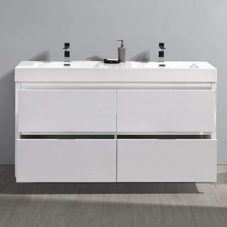 Fresca FCB8460WH-D-I Fresca Valencia 60" Glossy White Free Standing Double Sink Modern Bathroom Vanity