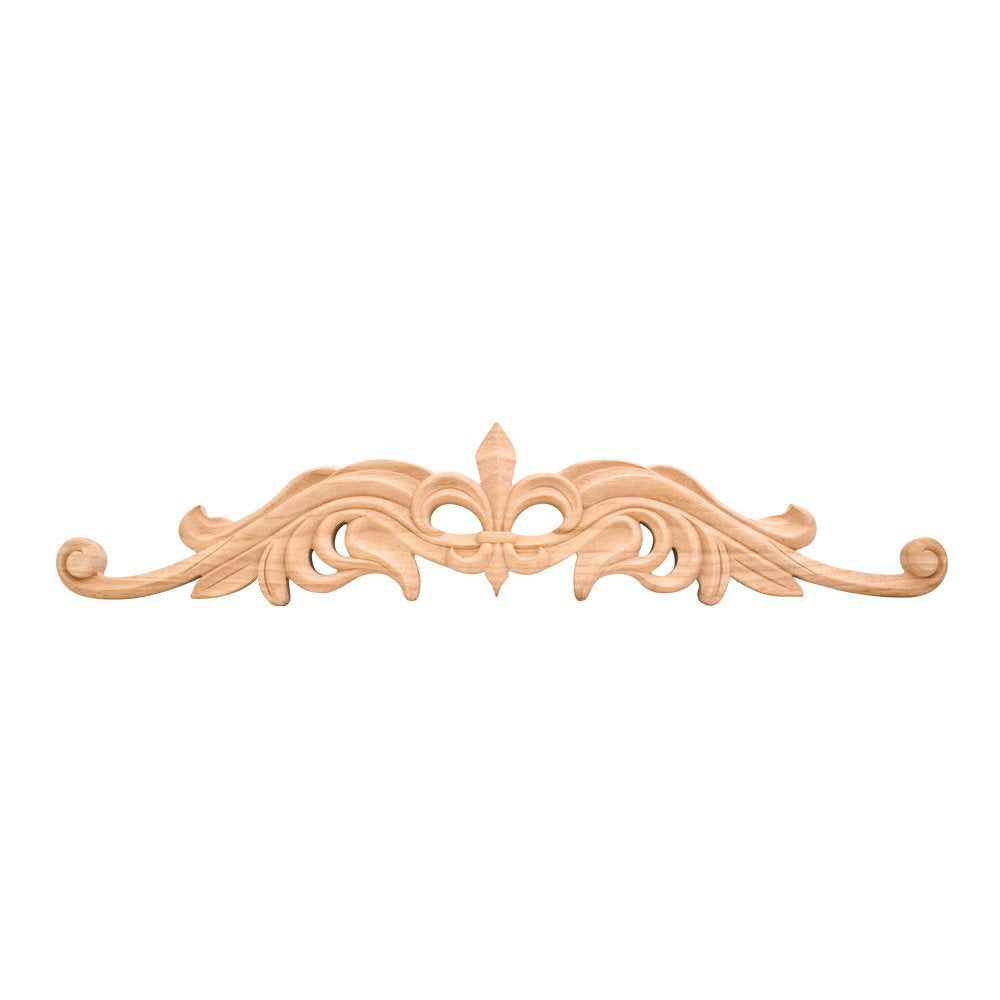 Hardware Resources ONL-08-24RW 24" W x 7/8" D x 5-3/16" H Rubberwood Hand Carved Fleur-de-lis Onlay