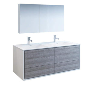 Fresca FVN9260HA-D Fresca Catania 60" Glossy Ash Gray Wall Hung Double Sink Modern Bathroom Vanity w/ Medicine Cabinet