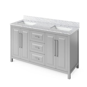 Jeffrey Alexander VKITCAD60GRWCR 60" Grey Cade Vanity, double bowl, White Carrara Marble Vanity Top, undermount rectangle bowl