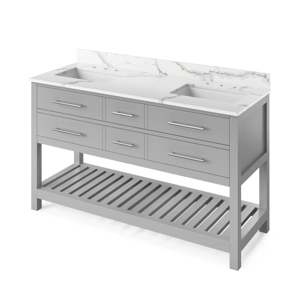 Jeffrey Alexander VKITWAV60GRCQR 60" Grey Wavecrest Vanity, double bowl, Calacatta Vienna Quartz Vanity Top, two undermount rectangle bowls