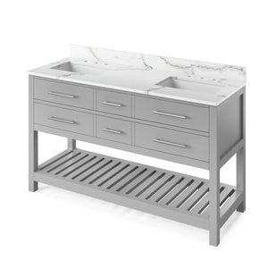 Jeffrey Alexander VKITWAV60GRCQR 60" Grey Wavecrest Vanity, double bowl, Calacatta Vienna Quartz Vanity Top, two undermount rectangle bowls