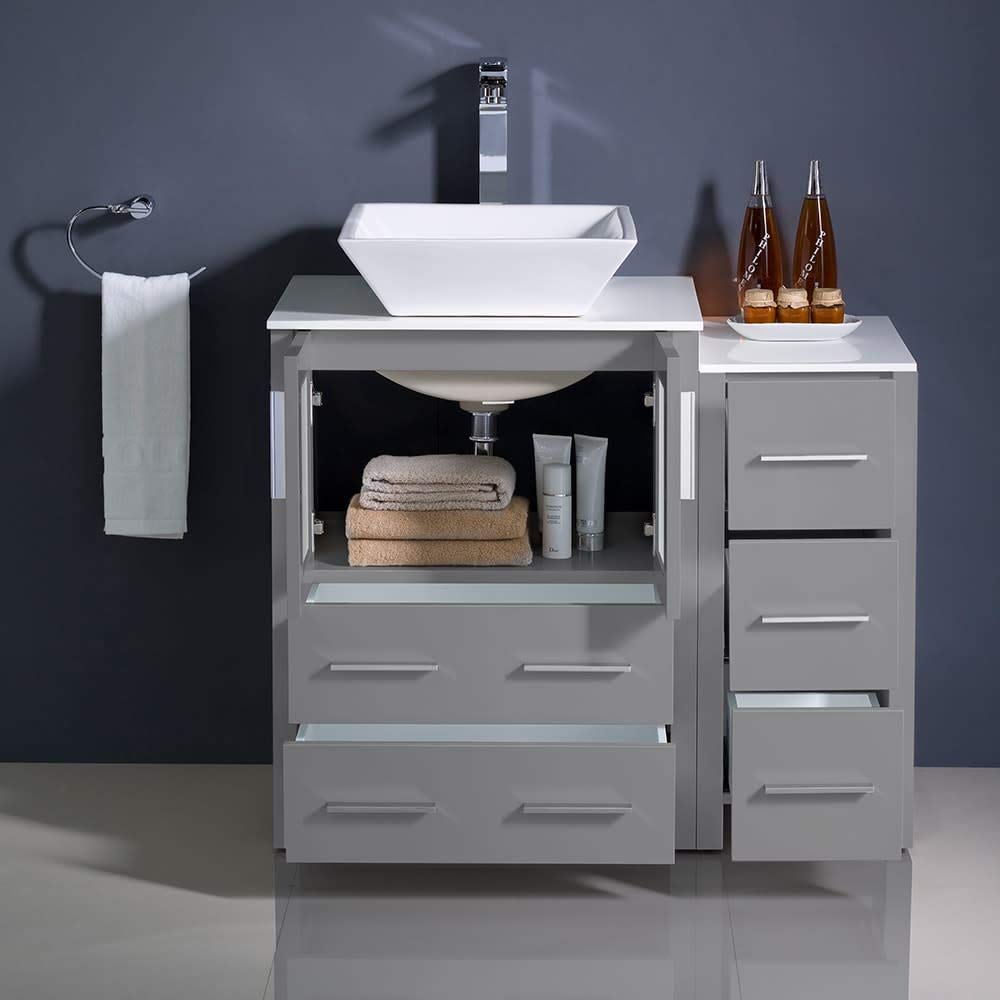 Fresca FCB62-2412WH-CWH-V Fresca Torino 36" White Modern Bathroom Cabinets w/ Top & Vessel Sink