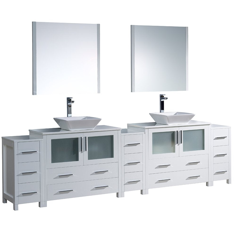 Fresca FVN62-108WH-VSL Fresca Torino 108" White Modern Double Sink Bathroom Vanity w/ 3 Side Cabinets & Vessel Sinks