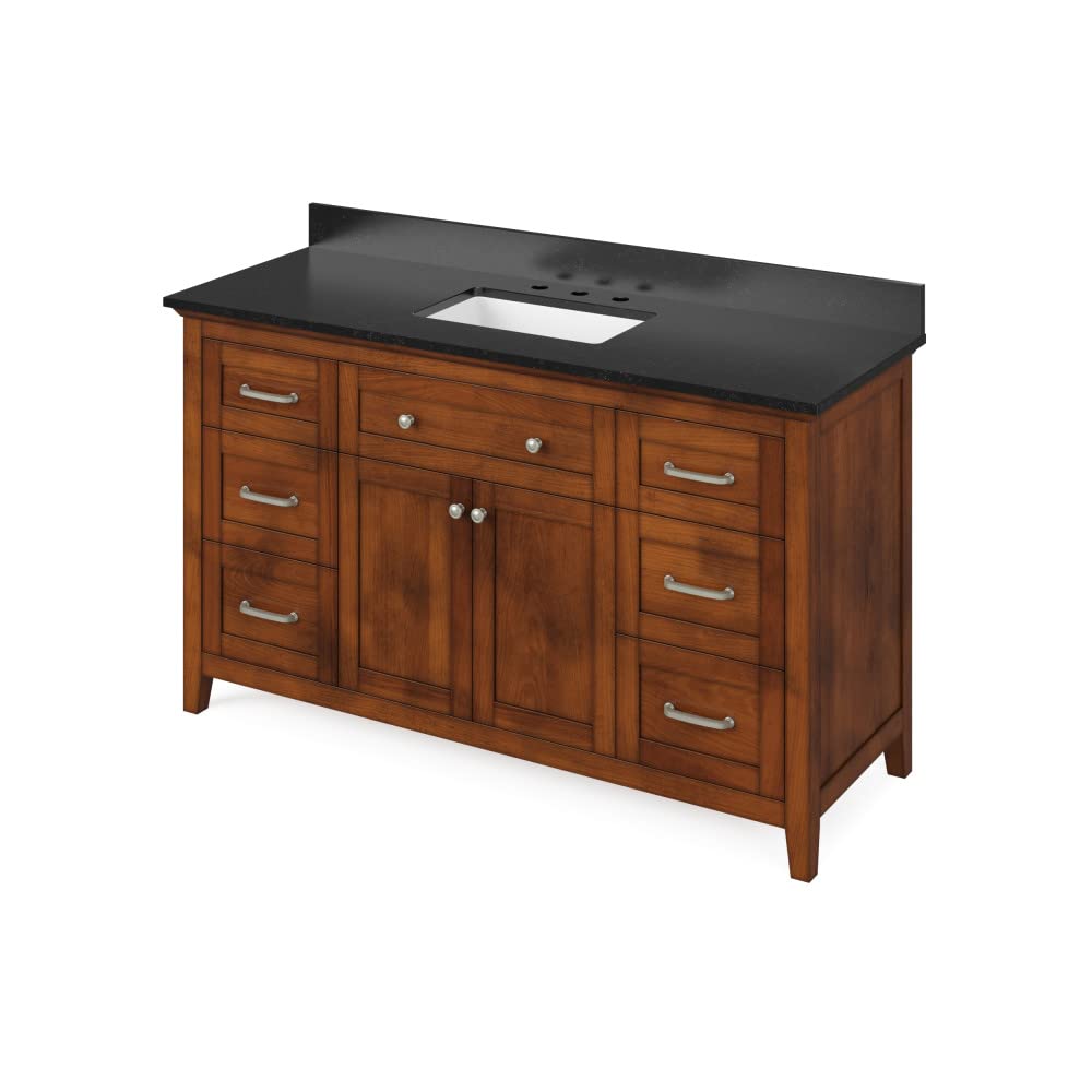 Jeffrey Alexander VKITCHA60SCHBGR 60" Chocolate Chatham Vanity, Black Granite Vanity Top, undermount rectangle bowl