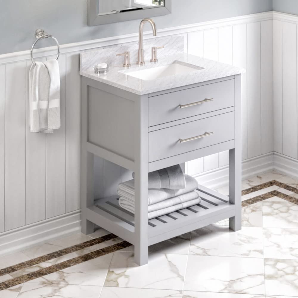 Jeffrey Alexander VKITWAV30GRWCR 30" Grey Wavecrest Vanity, White Carrara Marble Vanity Top, undermount rectangle bowl
