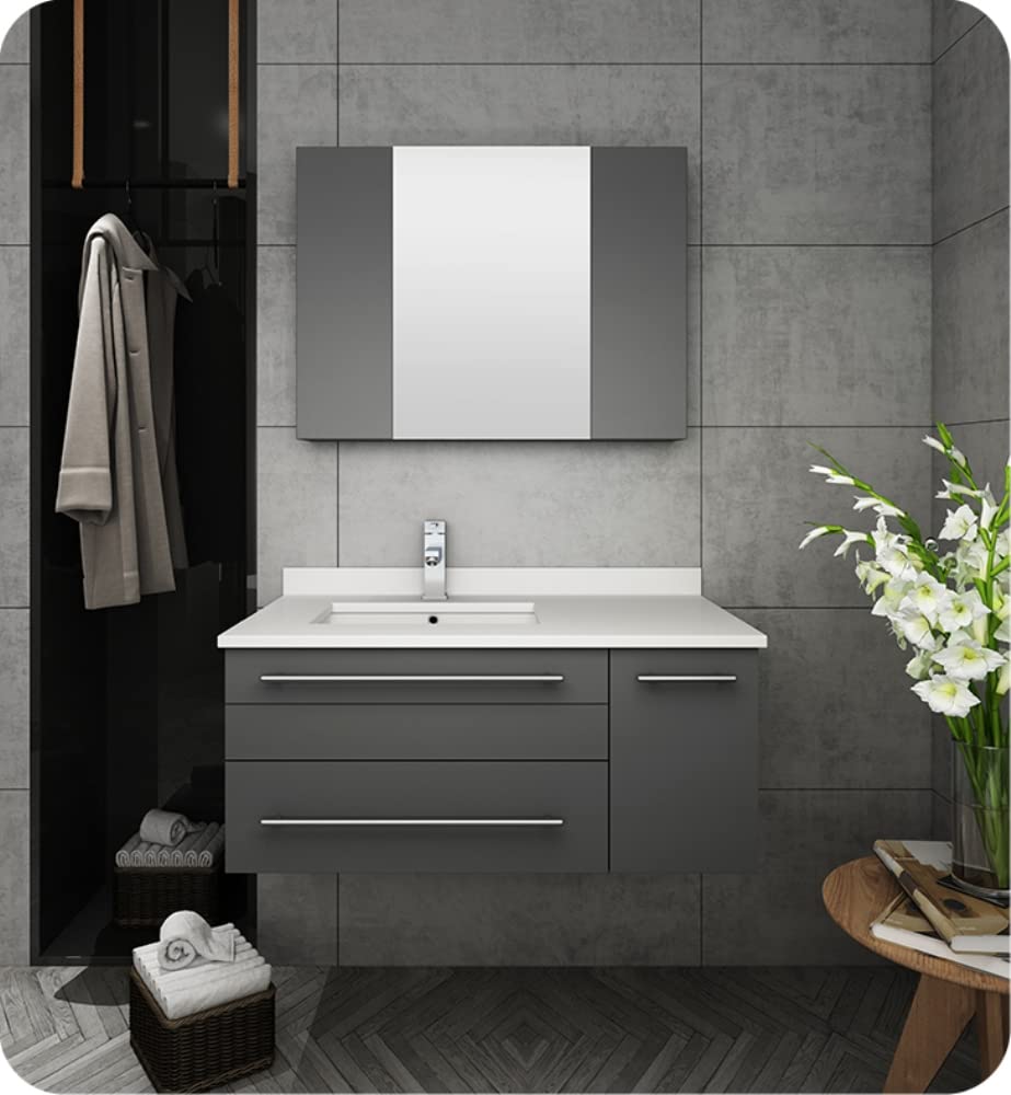 Fresca FVN6136GR-UNS-L Fresca Lucera 36" Gray Wall Hung Undermount Sink Modern Bathroom Vanity w/ Medicine Cabinet - Left Version