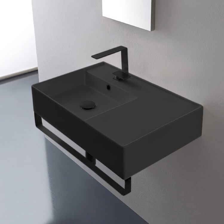 Matte Black Ceramic Wall Mounted Sink With Matte Black Towel Bar