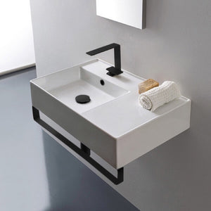 Rectangular Ceramic Wall Mounted Sink, Matte Black Towel Bar Included