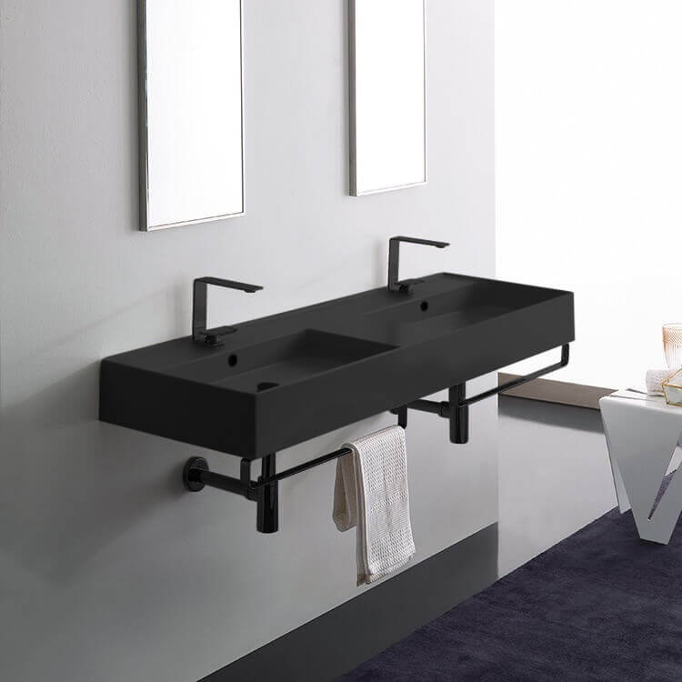 Double Matte Black Wall Mounted Ceramic Sink With Matte Black Towel Bar