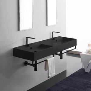 Double Matte Black Wall Mounted Ceramic Sink With Matte Black Towel Bar