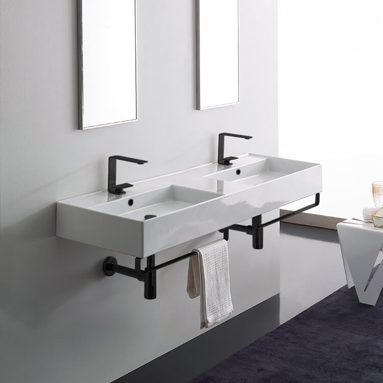 Double Ceramic Wall Mounted Sink With Matte Black Towel Holder