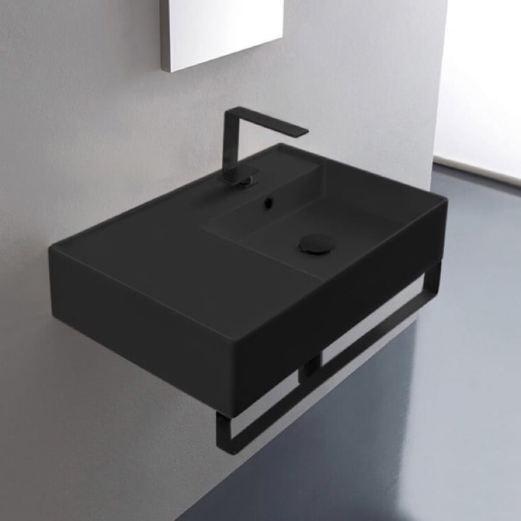 Matte Black Ceramic Wall Mounted Sink With Matte Black Towel Bar