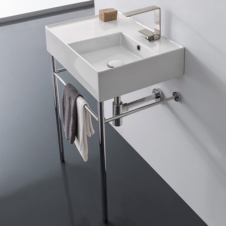 Rectangular Ceramic Console Sink and Polished Chrome Stand, 24"