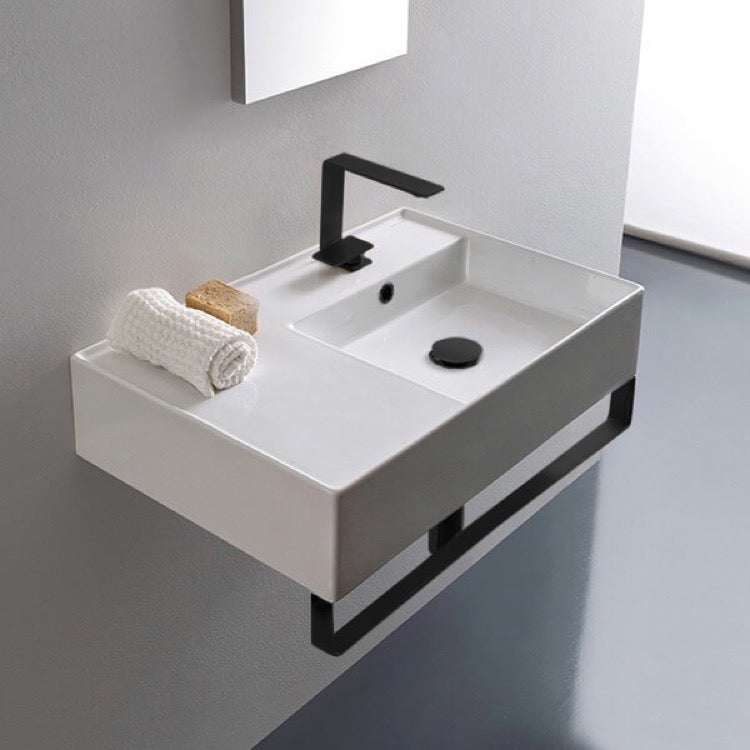 Rectangular Ceramic Wall Mounted Sink, Matte Black Towel Bar Included