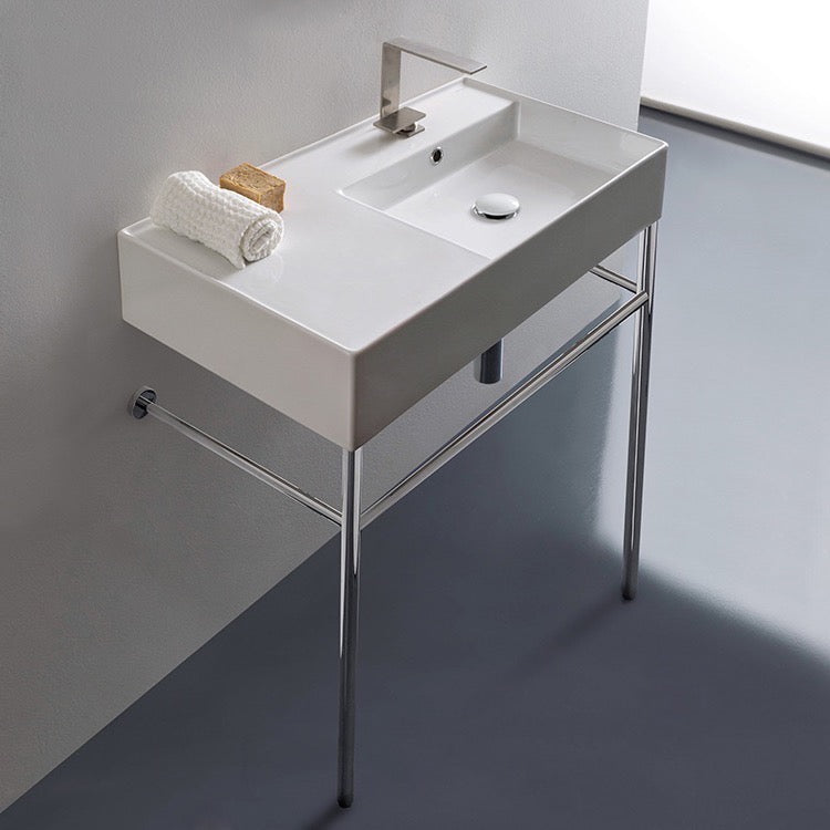 Rectangular Ceramic Console Sink and Polished Chrome Stand, 32"