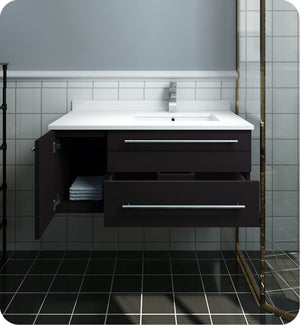 Fresca FCB6136ES-UNS-R-CWH-U Fresca Lucera 36" Espresso Wall Hung Modern Bathroom Cabinet w/ Top & Undermount Sink - Right Version