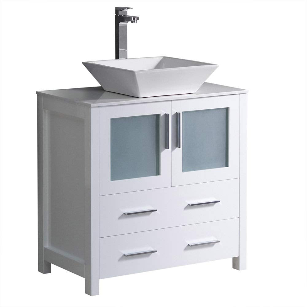 Fresca FCB6230WH-CWH-V Fresca Torino 30" White Modern Bathroom Cabinet w/ Top & Vessel Sink