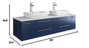 Fresca FCB6160RBL-VSL-D-CWH-V Fresca Lucera 60" Royal Blue Wall Hung Modern Bathroom Cabinet w/ Top & Double Vessel Sinks