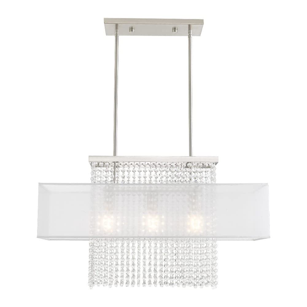 Livex Lighting 41123-91 Bella Vista - Three Light Linear Chandelier, Brushed Nickel Finish with Translucent Fabric Shade with Clear Crystal, 26.00x30.00x10.00