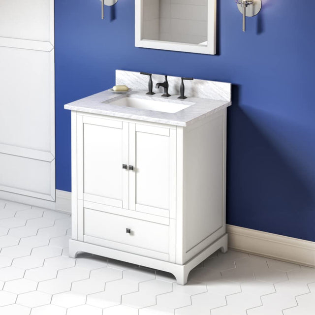 Jeffrey Alexander VKITADD30WHWCR 30" White Addington Vanity, White Carrara Marble Vanity Top, undermount rectangle bowl
