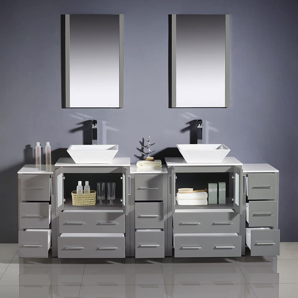 Fresca FVN62-72GR-VSL Fresca Torino 84" Gray Modern Double Sink Bathroom Vanity w/ 3 Side Cabinets & Vessel Sinks