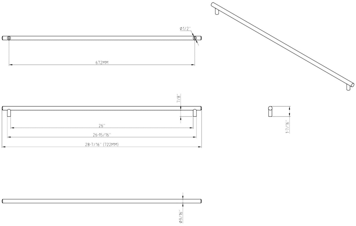 Jeffrey Alexander 722SN 673 mm Center-to-Center Satin Nickel Key West Cabinet Bar Pull