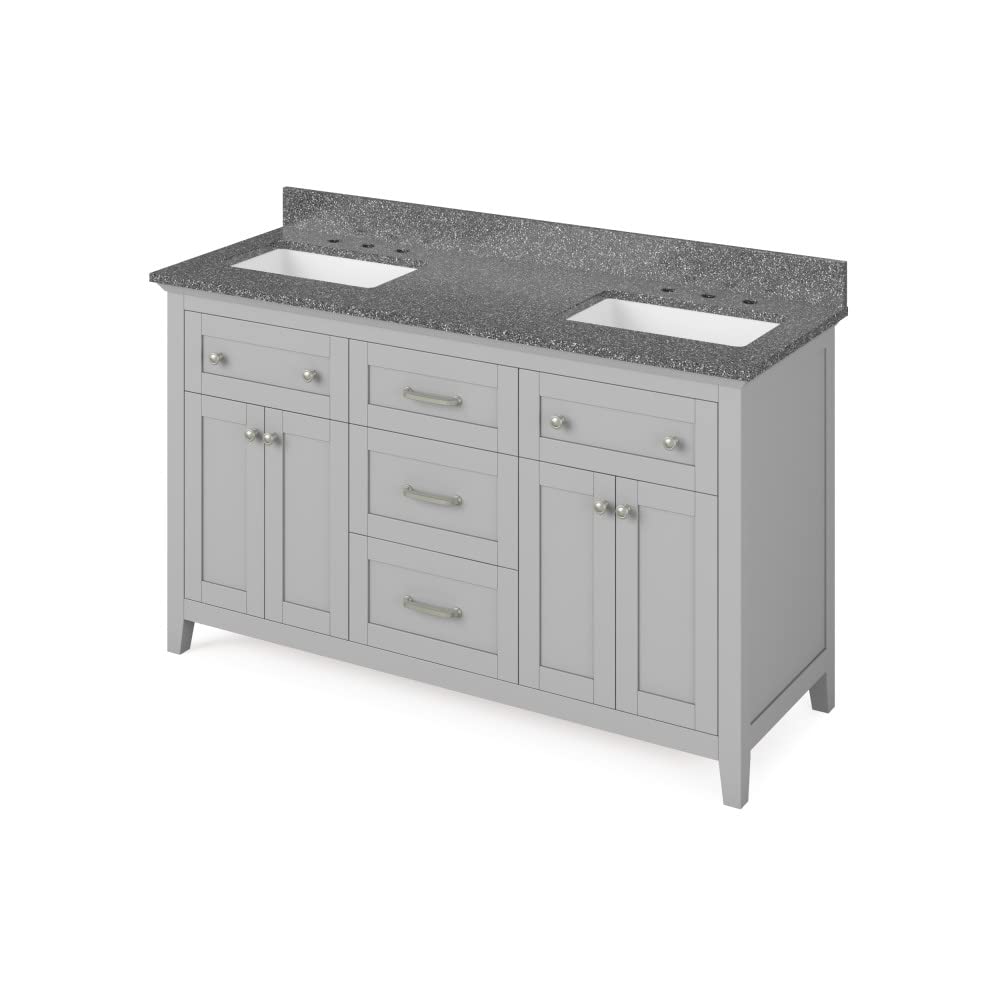 Jeffrey Alexander VKITCHA60GRBOR 60" Grey Chatham Vanity, double bowl, Boulder Cultured Marble Vanity Top, two undermount rectangle bowls