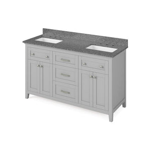 Jeffrey Alexander VKITCHA60GRBOR 60" Grey Chatham Vanity, double bowl, Boulder Cultured Marble Vanity Top, two undermount rectangle bowls