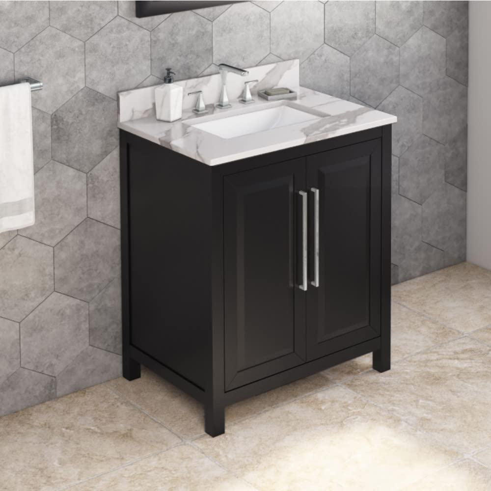 Jeffrey Alexander VKITCAD30BKCQR 30" Black Cade Vanity, Calacatta Vienna Quartz Vanity Top, undermount rectangle bowl